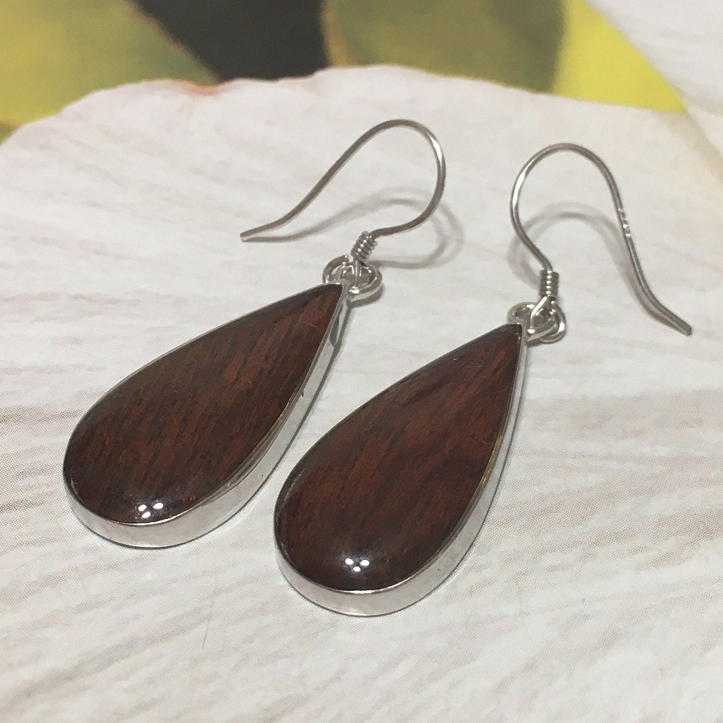 Gorgeous Hawaiian Large Genuine Koa Wood Rain Drop Earring, Sterling Silver Koa Wood Inlay Dangle Earring, E8196 Statement PC, Birthday Gift