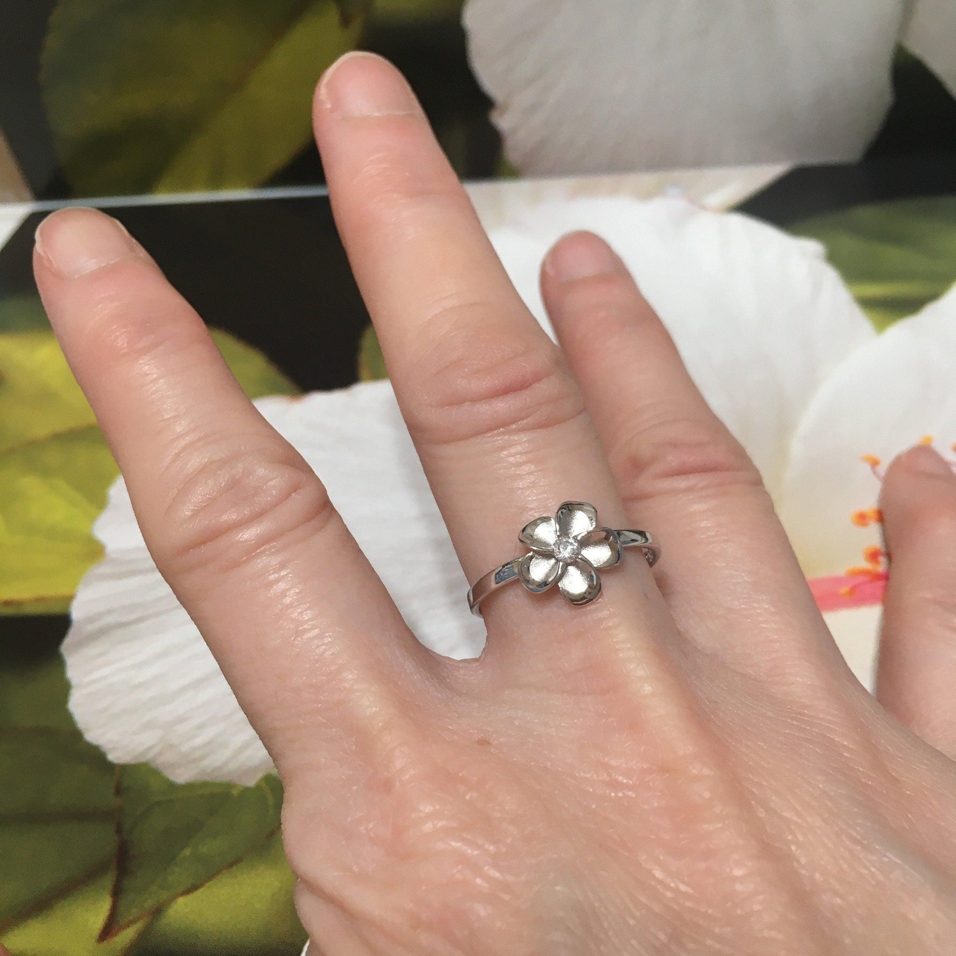 Pretty Hawaiian Plumeria Ring, Sterling Silver Plumeria Flower CZ Ring, R1038 Birthday Wife Mom Girl Mother Gift, Island Jewelry - Hawaii Treasures Shop