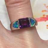 Beautiful Hawaiian Blue Opal Amethyst Ring, Sterling Silver Blue Opal Amethyst Ring, R1014 Birthday Mom Mother Gift