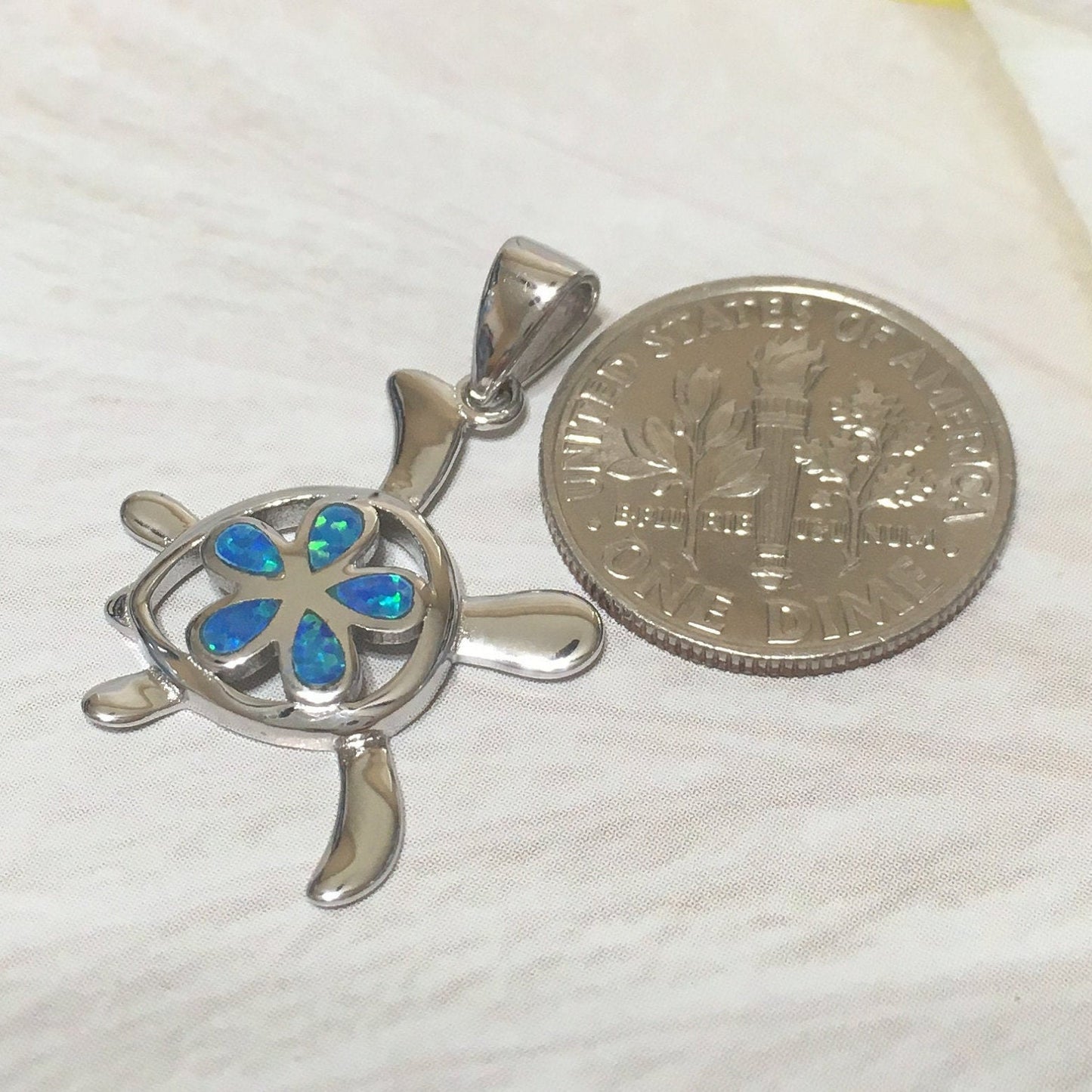 Beautiful Hawaiian Opal Plumeria Sea Turtle Necklace and Earring, Sterling Silver Blue Opal Plumeria Turtle Pendant N6159S Birthday Mom Gift