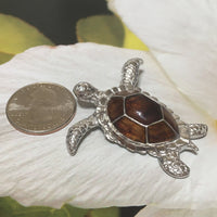 Gorgeous Hawaiian X-Large Genuine Koa Wood Sea Turtle Necklace, Sterling Silver Turtle Pendant, N8176 Birthday Mom Gift, Statement PC