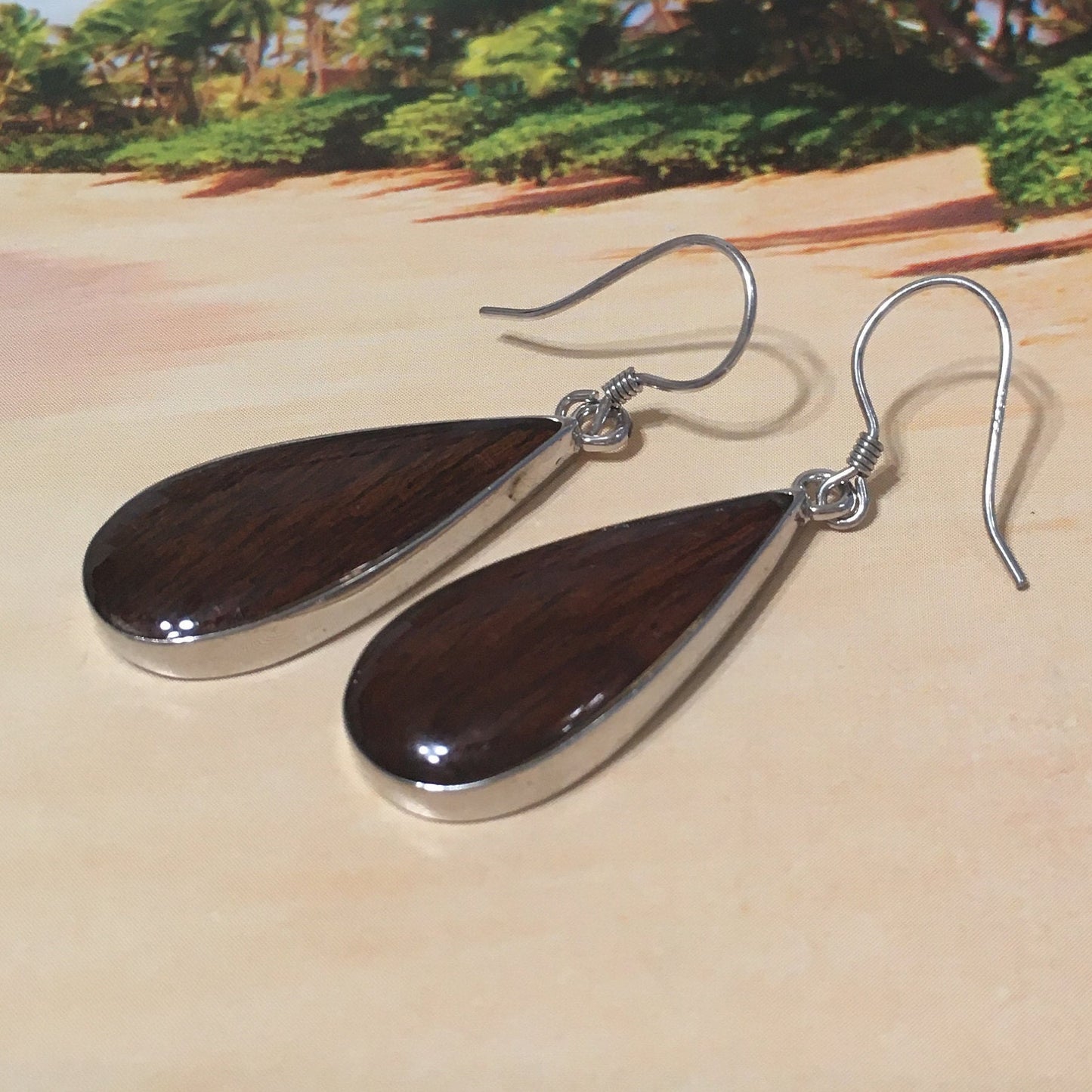 Gorgeous Hawaiian Large Genuine Koa Wood Rain Drop Earring, Sterling Silver Koa Wood Inlay Dangle Earring, E8196 Statement PC, Birthday Gift