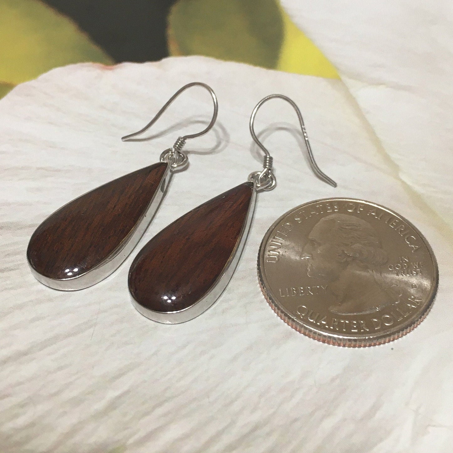 Gorgeous Hawaiian Large Genuine Koa Wood Rain Drop Earring, Sterling Silver Koa Wood Inlay Dangle Earring, E8196 Statement PC, Birthday Gift