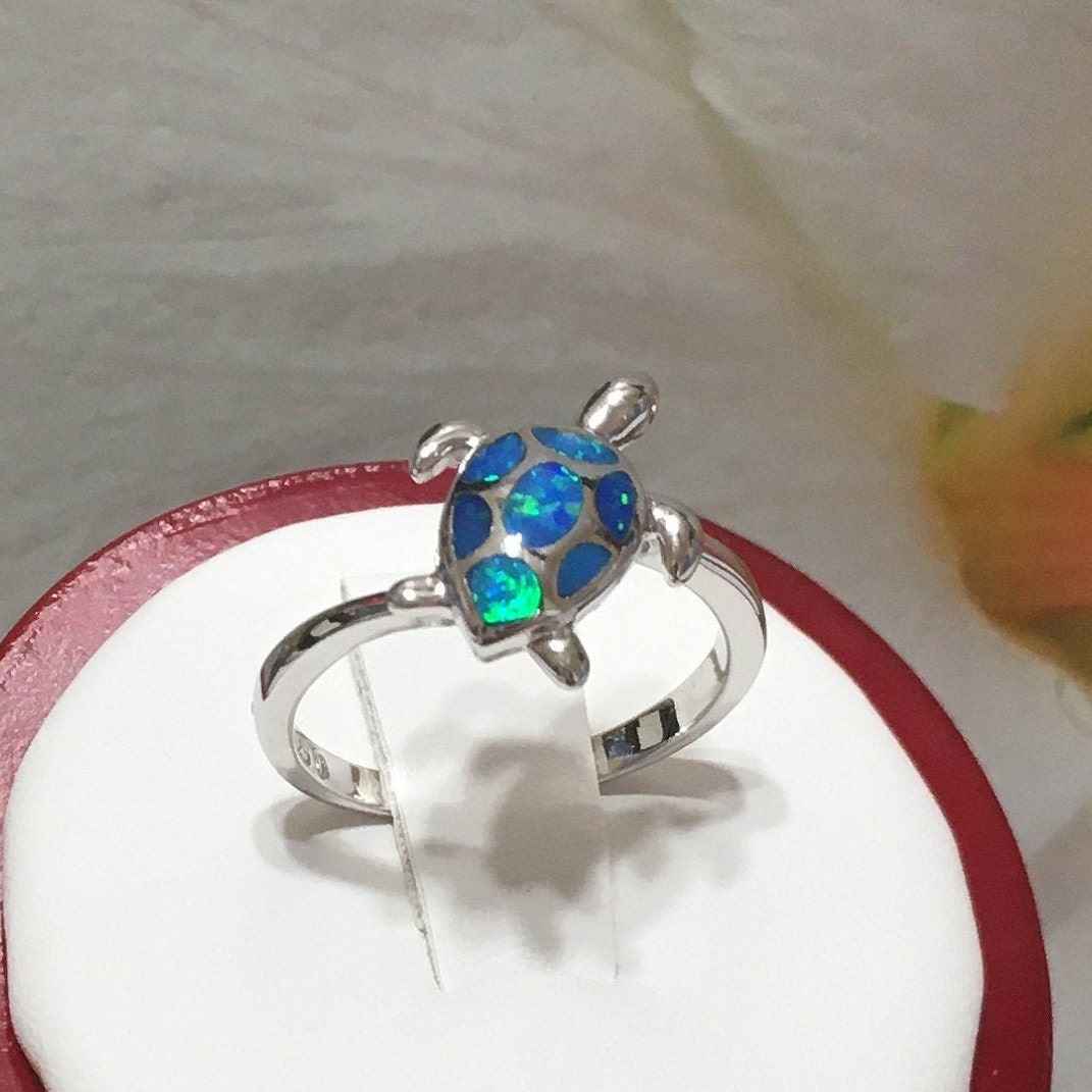 Gorgeous Hawaiian Opal Sea Turtle Ring, Sterling Silver Blue Opal Turtle Ring, R1044 Birthday Mom Wife Mother Gift, Island Jewelry