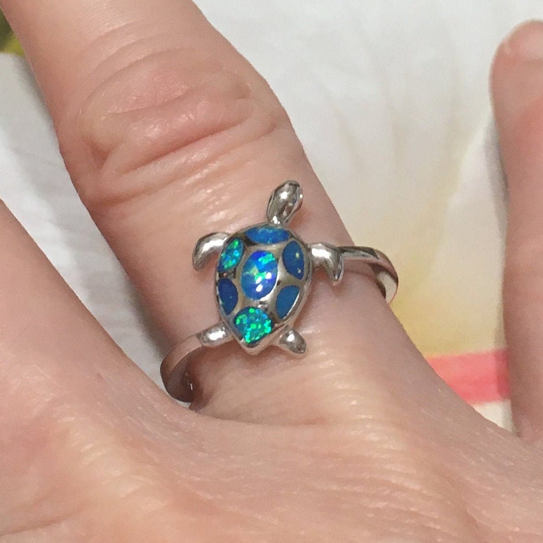 Gorgeous Hawaiian Opal Sea Turtle Ring, Sterling Silver Blue Opal Turtle Ring, R1044 Birthday Mom Wife Mother Gift, Island Jewelry