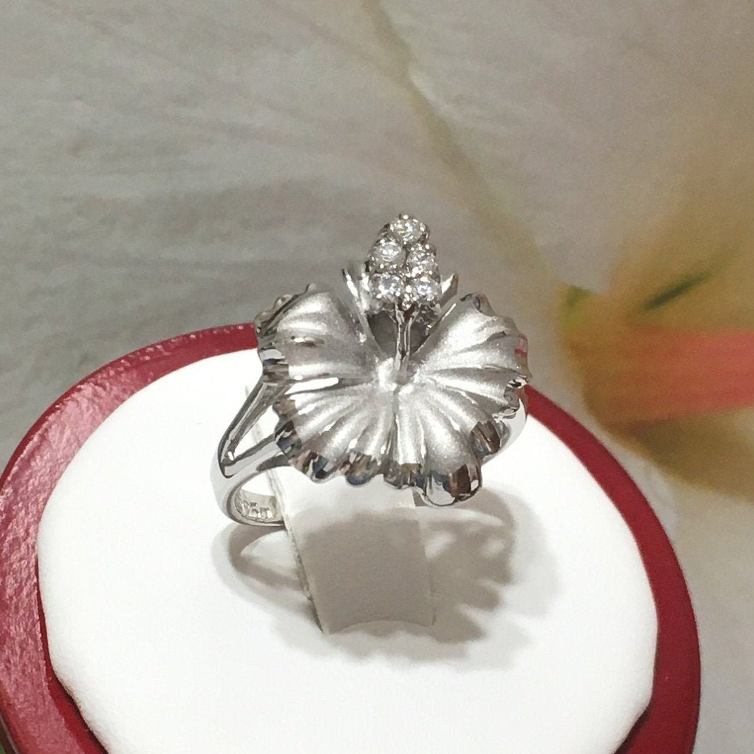 Beautiful Hawaiian Large Hibiscus Ring, Official Hawaii State Flower, Sterling Silver Hibiscus CZ Ring, R1053 Birthday Mom Mother Gift