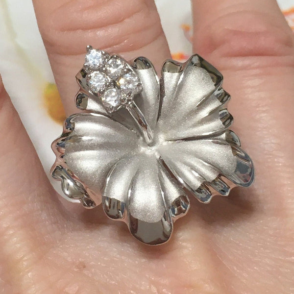 Gorgeous Hawaiian X-Large Hibiscus Ring, Official Hawaii State Flower, Sterling Silver Hibiscus CZ Ring, R1057 Statement PC, Birthday Gift