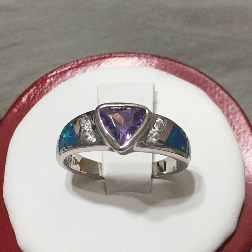 Beautiful Hawaiian Amethyst Blue Opal Ring, Sterling Silver Blue Opal Amethyst CZ Ring, R1011 Birthday Mom Mother Gift