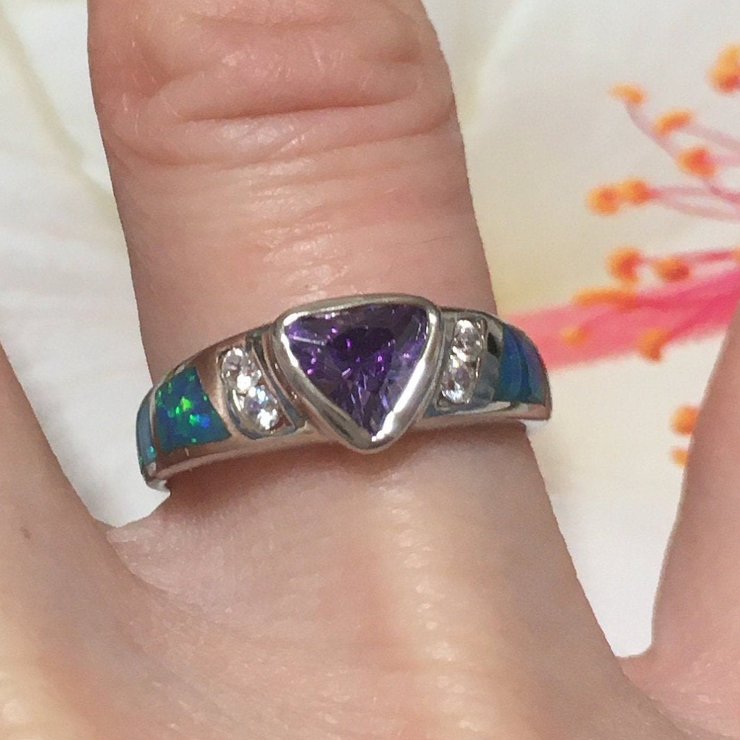 Beautiful Hawaiian Amethyst Blue Opal Ring, Sterling Silver Blue Opal Amethyst CZ Ring, R1011 Birthday Mom Mother Gift