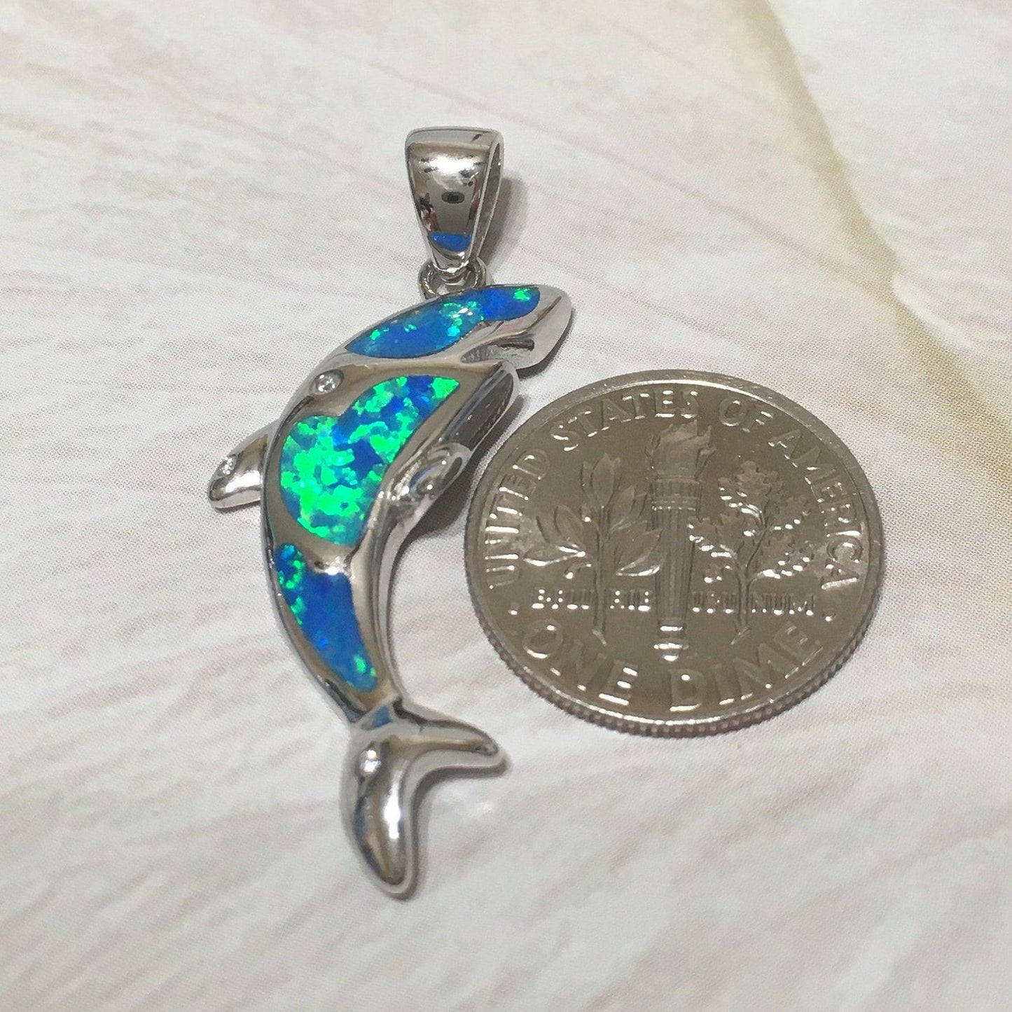 Unique Hawaiian Blue Opal Orca Whale Necklace, Sterling Silver Blue Opal Orca Killer Whale CZ Eye Pendant, N6166 Birthday Mother Mom Gift - Hawaii Treasures Shop