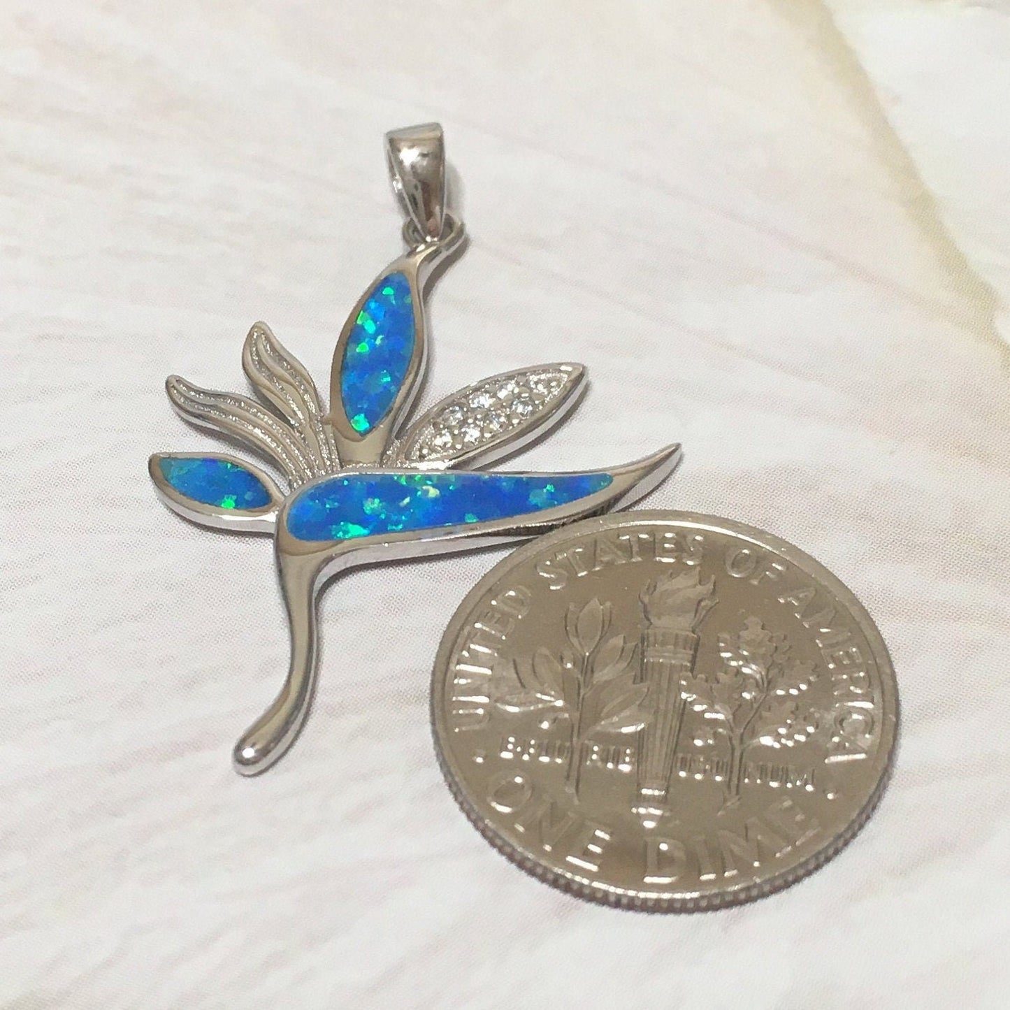 Stunning Hawaiian Blue Opal Bird of Paradise Necklace, Sterling Silver Opal Bird of Paradise CZ Pendant, N6156 Birthday Mother Mom Gift