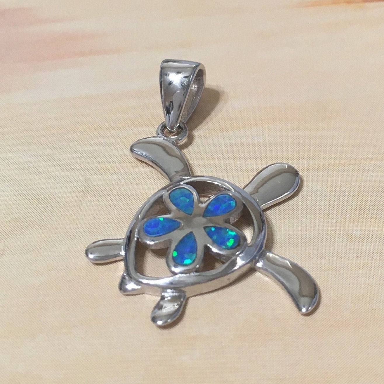 Beautiful Hawaiian Opal Plumeria Sea Turtle Necklace and Earring, Sterling Silver Blue Opal Plumeria Turtle Pendant N6159S Birthday Mom Gift