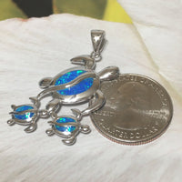 Gorgeous Hawaiian X-Large Mom & 2 Baby Sea Turtle Earring and Necklace, Sterling Silver Blue Opal Turtle Family Pendant N6169S Birthday Gift