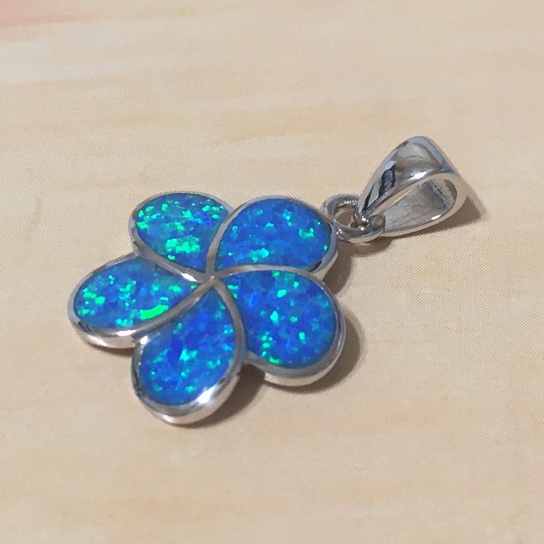 Beautiful Hawaiian Blue Opal Plumeria Necklace and Earring, Sterling Silver Blue Opal Plumeria Flower Charm Pendant N2032S Birthday Mom Gift - Hawaii Treasures Shop