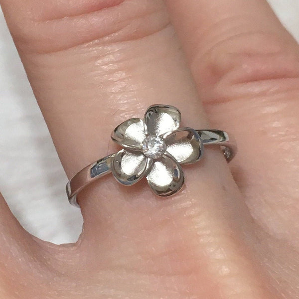 Jolie bague Plumeria hawaïenne, bague en argent sterling avec fleur de Plumeria CZ, R1038, cadeau d'anniversaire pour femme, maman, fille, mère, bijoux des îles