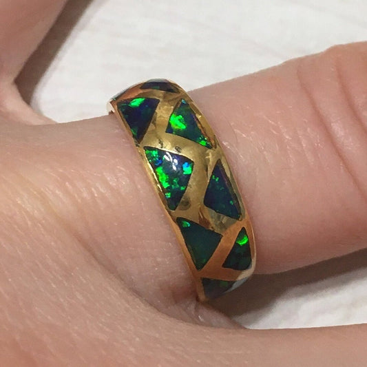 Beautiful Hawaiian Opal Ring, Sterling Silver Yellow Gold-Plated Opal Inlay Ring, R2430 Anniversary Birthday Mom Wife Mother Gift