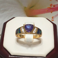 Beautiful Hawaiian Opal Amethyst Ring, Sterling Silver Yellow Gold-Plated Opal Amethyst CZ Ring, R2432 Birthday Mother Gift, Statement PC