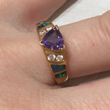 Beautiful Hawaiian Opal Amethyst Ring, Sterling Silver Yellow Gold-Plated Opal Amethyst CZ Ring, R2432 Birthday Mother Gift, Statement PC