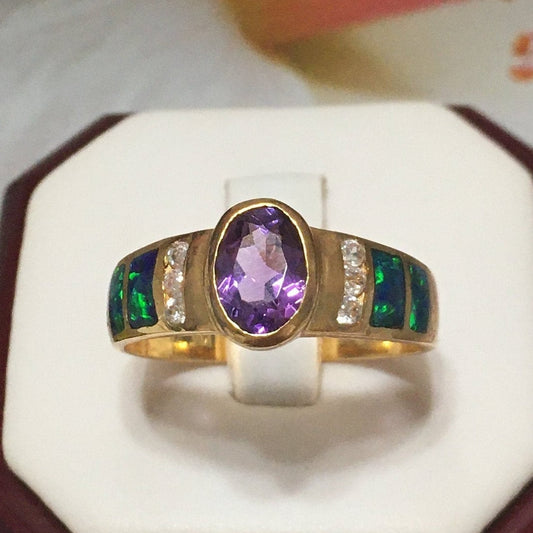 Unique Beautiful Hawaiian Opal Amethyst Ring, Sterling Silver Yellow Gold-Plated Opal Amethyst CZ Ring, R2433 Birthday Mother Gift