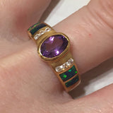 Unique Beautiful Hawaiian Opal Amethyst Ring, Sterling Silver Yellow Gold-Plated Opal Amethyst CZ Ring, R2433 Birthday Mother Gift