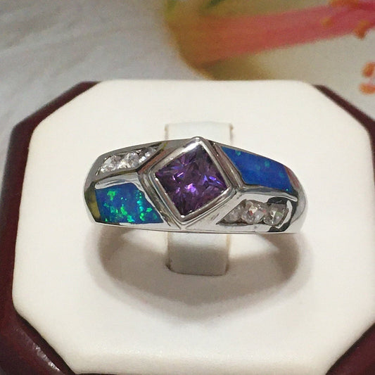 Beautiful Hawaiian Blue Opal Amethyst Ring, Sterling Silver Blue Opal Amethyst CZ Ring, R2444 Birthday Mom Mother Gift, Statement PC