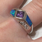 Beautiful Hawaiian Blue Opal Amethyst Ring, Sterling Silver Blue Opal Amethyst CZ Ring, R2444 Birthday Mom Mother Gift, Statement PC