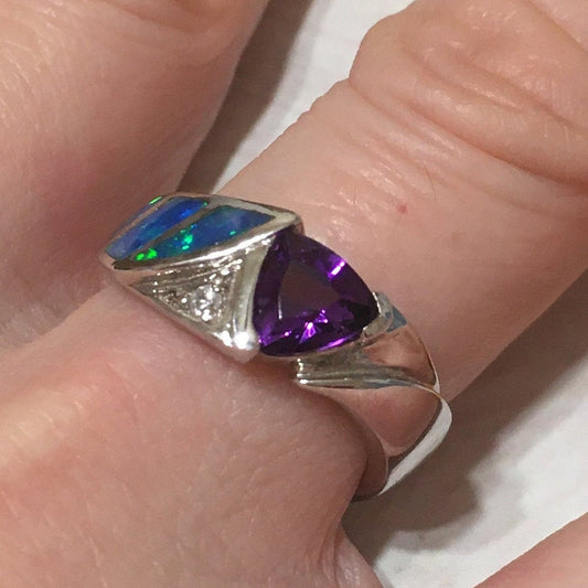 Unique Beautiful Hawaiian Blue Opal Amethyst Ring, Sterling Silver Blue Opal Amethyst CZ Ring, R2445 Birthday Mom Gift, Statement PC