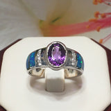 Unique Gorgeous Hawaiian Blue Opal Amethyst Ring, Sterling Silver Blue Opal Amethyst CZ Ring R2446 Birthday Mom Mother Gift, Statement PC