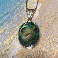 Beautiful Hawaiian Genuine Paua Shell Necklace, Sterling Silver Abalone MOP Oval-Shape Pendant N8029 Birthday Mom Mother Gift