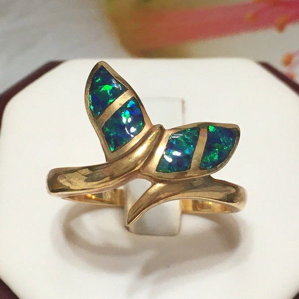 Unique Beautiful Hawaiian Large Opal Whale Tail Ring, Sterling Silver Yellow-Gold Plated Opal Whale Tail Ring, R2429 Birthday Mom Gift