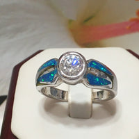 Belle bague en opale bleue hawaïenne, bague en argent sterling avec opale bleue CZ, cadeau d'anniversaire pour maman R2437, déclaration PC