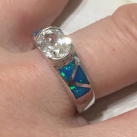 Belle bague en opale bleue hawaïenne, bague en argent sterling avec opale bleue CZ, cadeau d'anniversaire pour maman R2438, déclaration PC