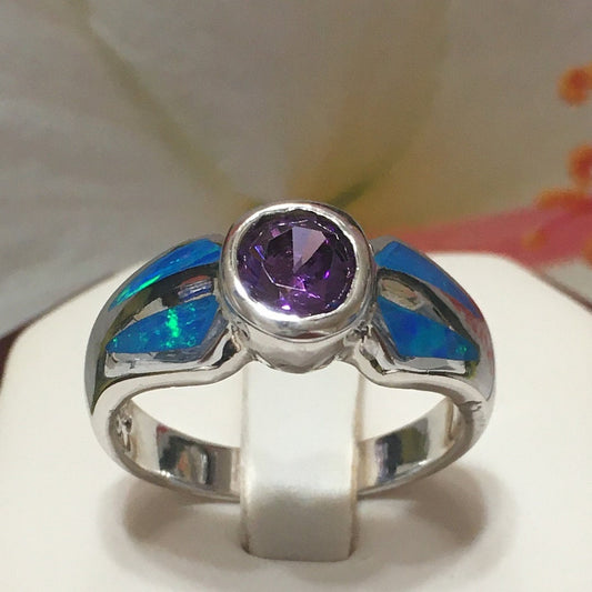 Unique Stunning Hawaiian Blue Opal Amethyst Ring, Sterling Silver Blue Opal Amethyst Ring, R2447 Birthday Mom Mother Gift, Statement PC