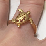 Beautiful Hawaiian Sea Turtle Hibiscus Ring, Sterling Silver Yellow Gold-Plated Turtle Ring, R2536 Birthday Mom Mother Gift