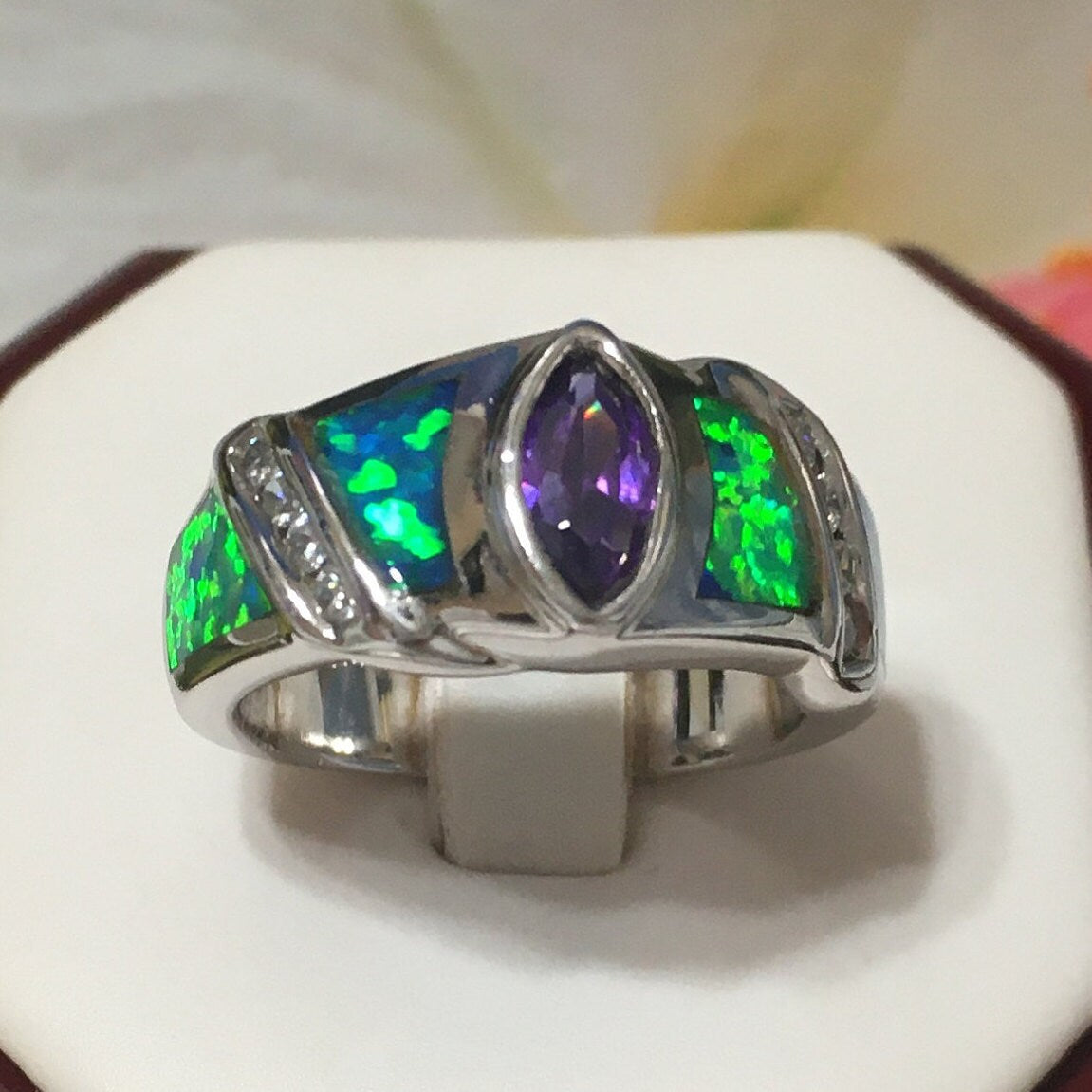 Unique Stunning Hawaiian Blue Opal Amethyst Ring, Sterling Silver Blue Opal Amethyst CZ Ring R2567 Birthday Mom Mother Gift, Statement PC