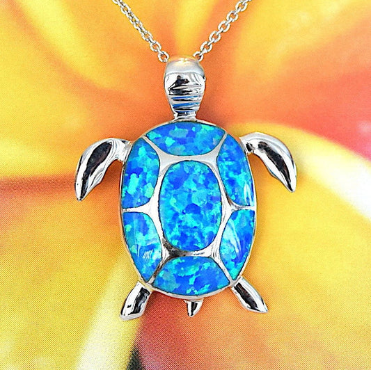 Beautiful Hawaiian Blue Opal Sea Turtle Necklace, Sterling Silver Blue Opal Turtle Pendant, N2098 Birthday Mom Mother Gift