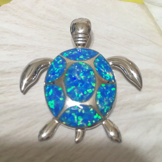 Collier unique et magnifique en forme de tortue de mer hawaïenne de très grande taille avec opale bleue, pendentif en argent sterling avec opale N2364, cadeau d'anniversaire pour maman, déclaration PC