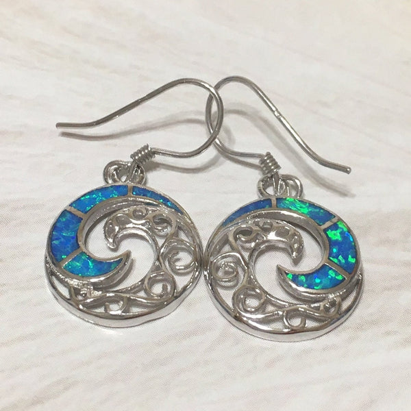 Superbe boucle d'oreille en forme de vague d'océan en opale bleue hawaïenne, boucle d'oreille pendante en argent sterling avec opale bleue, cadeau d'anniversaire pour maman E4483