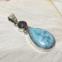 Magnifique collier hawaïen en véritable larimar mystique et topaze, pendentif en argent sterling avec topaze arc-en-ciel et larimar, cadeau d'anniversaire pour maman N8302