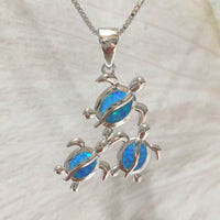 Magnifique collier et boucles d'oreilles pour maman hawaïenne et 2 bébés tortues de mer, pendentif en argent sterling avec opale bleue et tortue N6173S, cadeau d'anniversaire pour maman