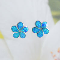 Magnifique boucle d'oreille Plumeria en opale bleue hawaïenne, boucle d'oreille à tige en argent sterling avec opale bleue Plumeria, E9337 Cadeau d'anniversaire pour maman