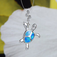 Magnifique collier et boucles d'oreilles en forme de tortue de mer en opale hawaïenne, pendentif en argent sterling avec opale bleue et zircone cubique, cadeau d'anniversaire pour maman N6158S