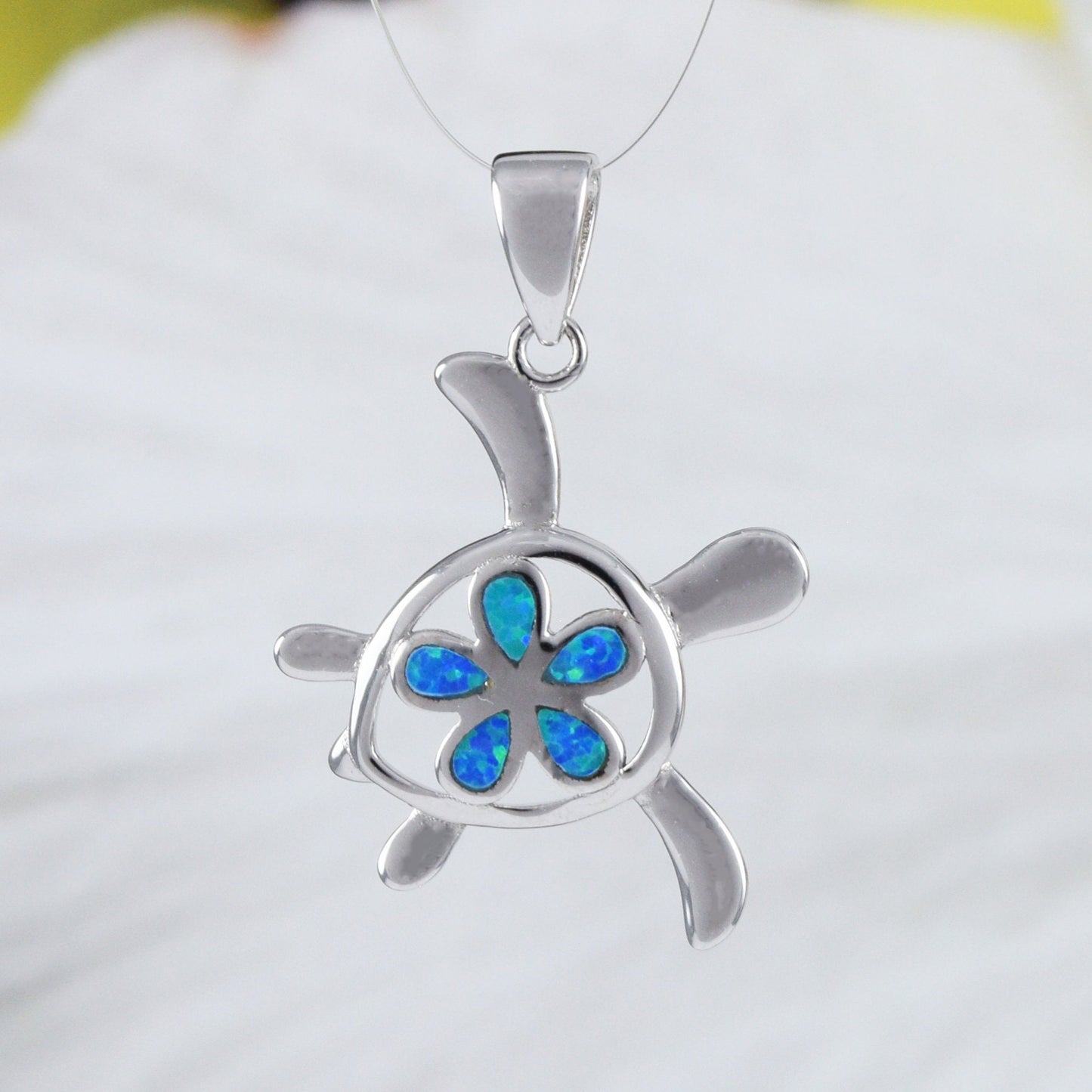 Beautiful Hawaiian Opal Plumeria Sea Turtle Necklace and Earring, Sterling Silver Blue Opal Plumeria Turtle Pendant N6159S Birthday Mom Gift