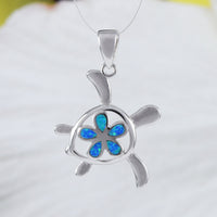 Magnifique collier de tortue de mer Plumeria en opale bleue hawaïenne, pendentif tortue Plumeria en argent sterling, cadeau d'anniversaire pour maman N6159