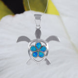 Magnifique collier et boucles d'oreilles en forme de tortue de mer Plumeria en opale bleue de grande taille d'Hawaï, pendentif en argent sterling en forme de tortue Plumeria en opale bleue, N6160S1