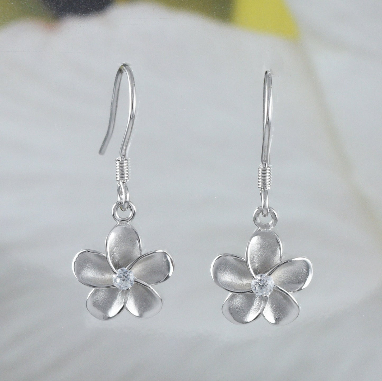 Pretty Hawaiian Plumeria Earring, Sterling Silver Plumeria Flower CZ Dangle Earring, E4012 Birthday Wife Mom Girl Mother Gift, Island