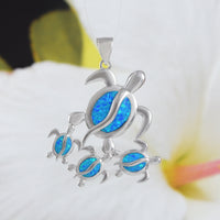 Gorgeous X-Large Mom & 3 Baby Sea Turtle Earring and Necklace, Sterling Silver Hawaiian Blue Opal Turtle Family Pendant, N6172SH Mother Gift