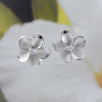 Gorgeous Hawaiian Large Plumeria Earring, Sterling Silver Plumeria Flower CZ Stud Earring, E4027 Birthday Wife Mom Mother Gift, Statement