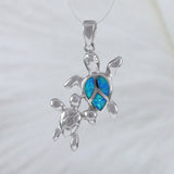 Magnifique collier et boucles d'oreilles tortue de mer hawaïenne maman et bébé, pendentif tortue en argent sterling opale bleue N6157S1 cadeau d'anniversaire pour maman