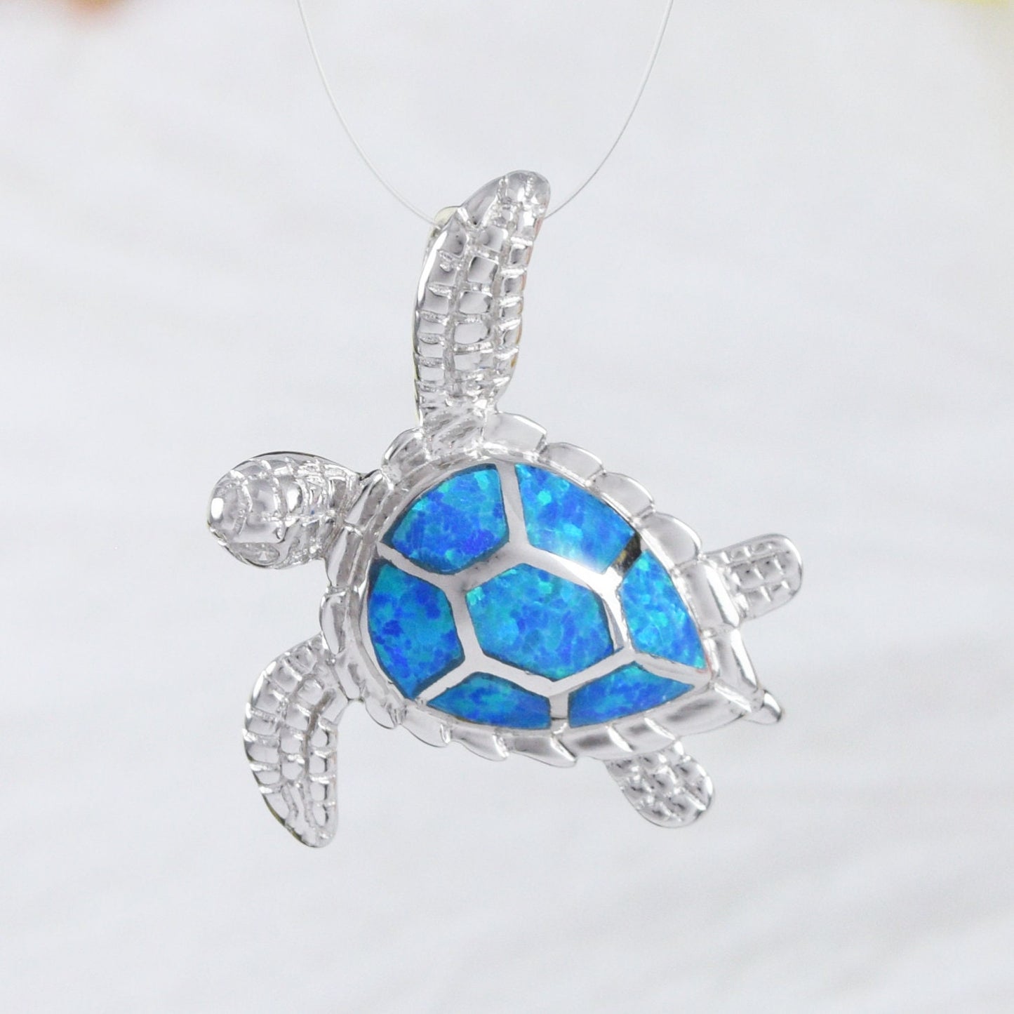 Pretty Hawaiian Sea Turtle Earring and Necklace, Sterling Silver Blue Opal Turtle Pendant, N6021SH Birthday Mother Wife Mom Gift